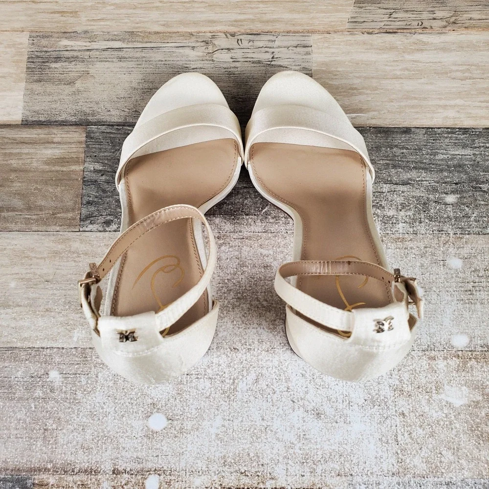 Sam Edelman Yaro Womens Sandal Sz 8.5 W Block Heel Pearl Ivory Satin Ankle Strap